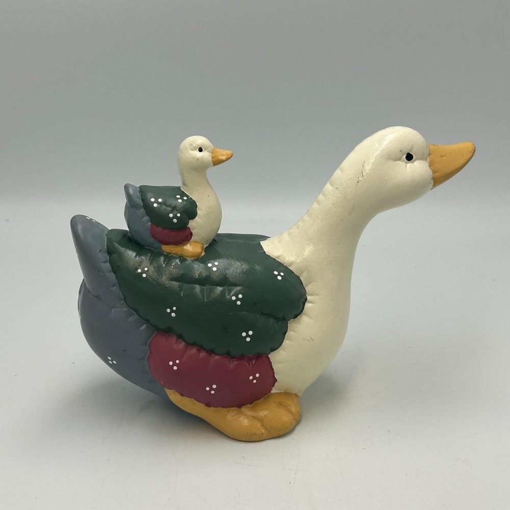 Vintage Ceramic Momma Baby Geese Goose Patchwork Quilted Cottagecore 90s Country